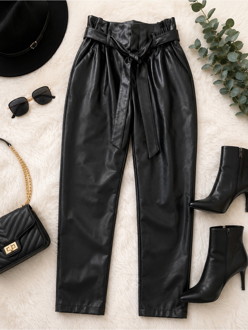 Lucy Paris Black Faux Leather Paperbag Waist Trousers